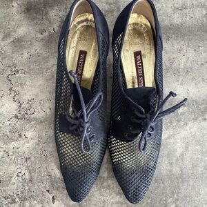 Vintage Walter Steiger Mesh Heels Italy Lace-Up Pointed Toe Navy Size 8B 80s 90s